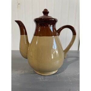 Vintage Two Tone Brown Tan Ceramic Teapot Coffee Server Stoneware with Lid 9in